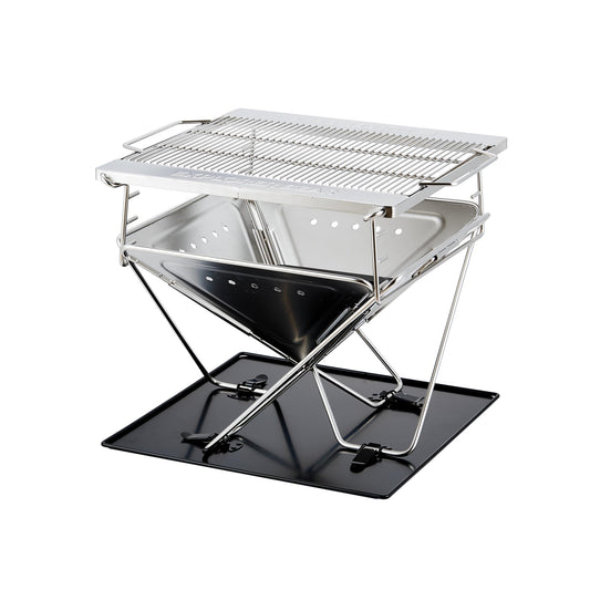Explorer Bear 20" Stainless Steel Foldable Takibi Fire & Grill with Carrying Bag, Grill Bridge, and Coal Bed | Portable Wood Burning Fire Pit | Perfect for Camping, Outdoors, Patios