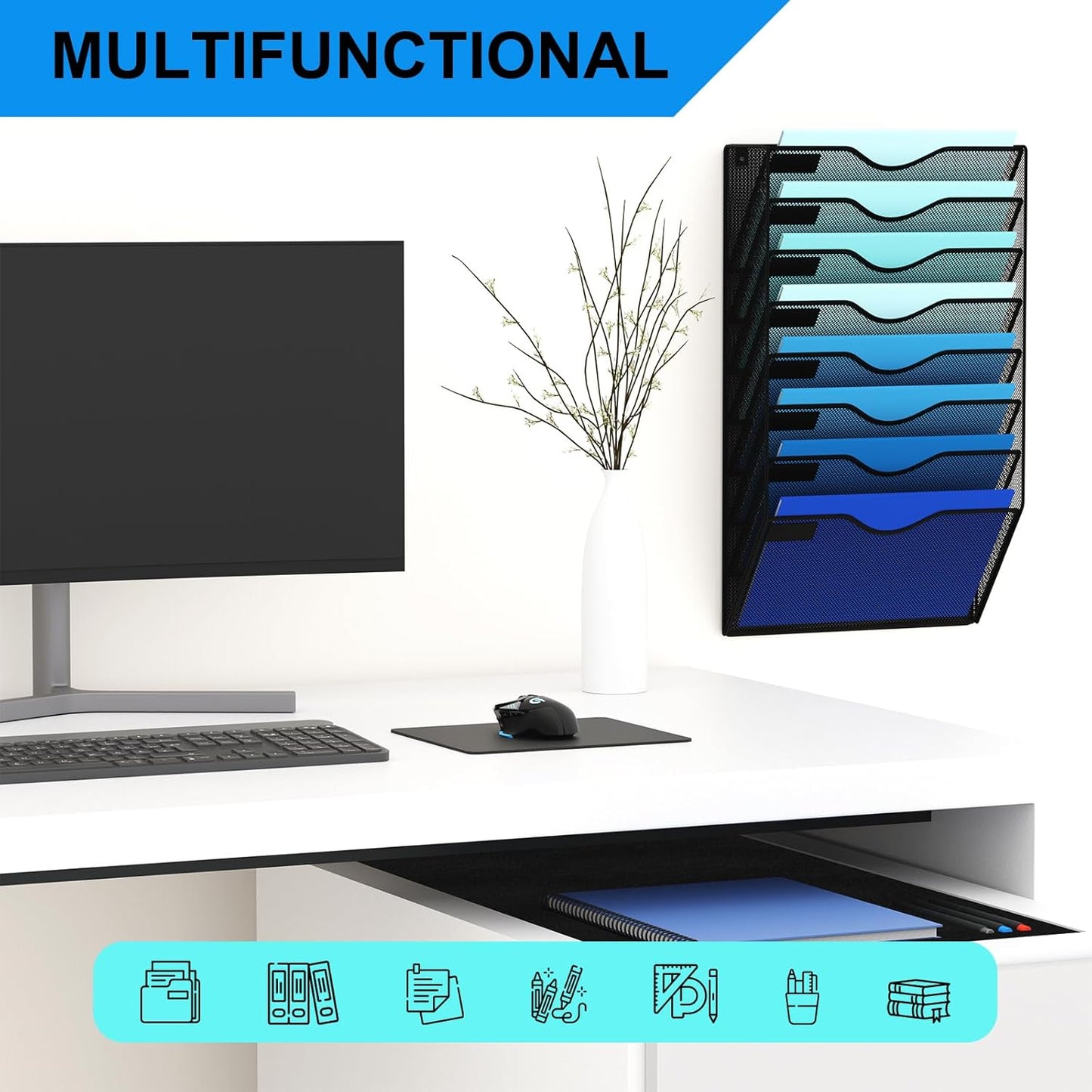 5 Pockets Mesh Hanging Wall File Holder Organizer Wall Mounted Paper Magazine Rack, Black