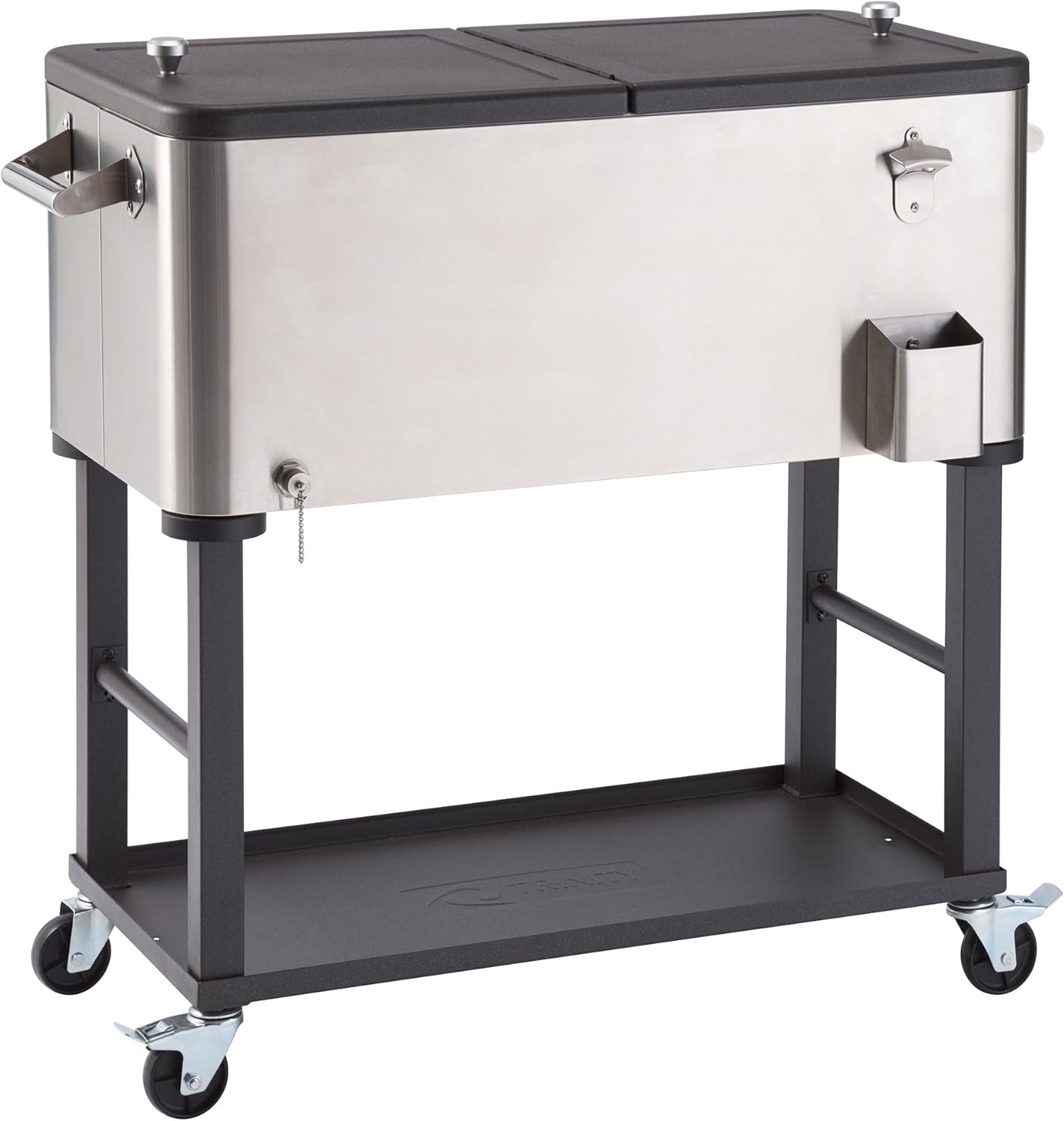 TRINITY Stainless Steel Beverage Cooler and Ice Chest with Wheels and Built-in Bottle Opener, Rolling Cart with Shelf for Patio, Outdoor Bar, and Catering, Detachable Tub, 100 Quart Capacity