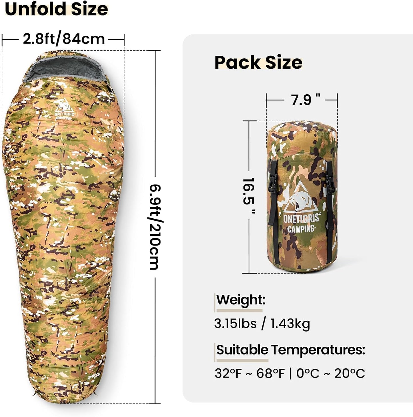 OneTigris Light Patrol 4 Season Mummy Sleeping Bag, 32°F Cold Weather Camping Bags for Camping Hiking Backpacking, Survival Gear