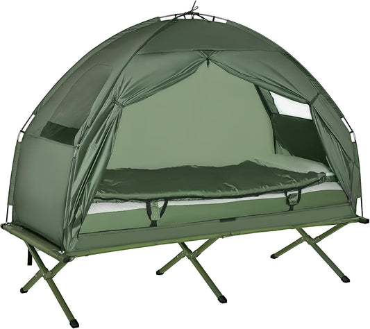 Outsunny Camping Tent Cot, 4-in-1 Folding Tent Cot Combo with Mattress, Pillow, Sleeping Bag, Roller Carrying Bag, Off Ground Travel Camp Cot for Hiking, Backpacking, Picnic