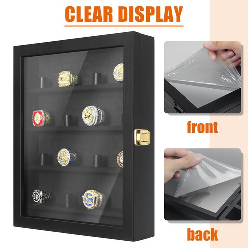 Championship Ring Display Case, 16 Posts Ring Display Case, 10 x 12 Wall Mount Shadow Box, Baseball Ring Holder, Black