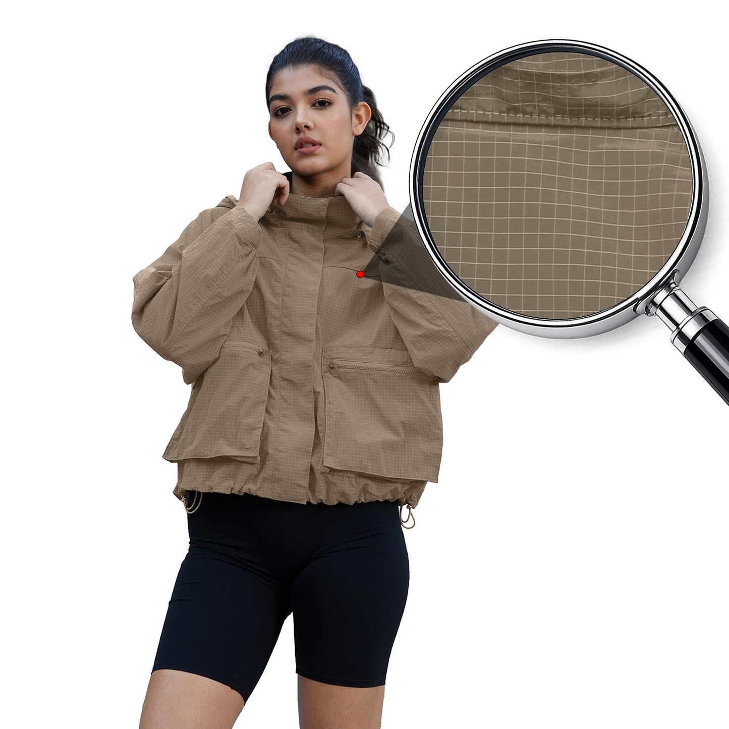 PESION Women's Waterproof Rain Jacket Lightweight Hooded Raincoat for Hiking Travel Outdoor, Khaki, Medium
