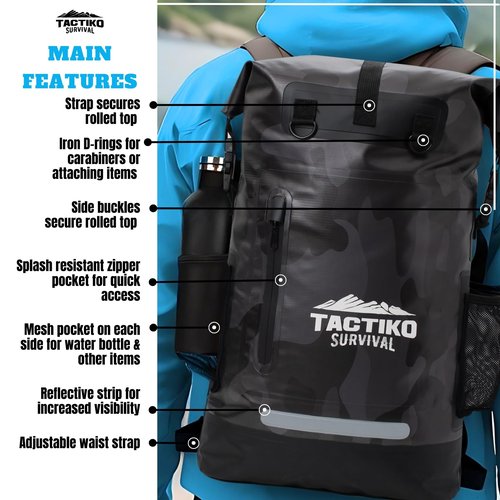 Tactiko 30L 100% Waterproof Backpack with Carabiner, Rip-Stop Floating Roll Top Dry Bag for Kayaking, Hiking, Camping, Survival - U.S. Company (Black Camo)