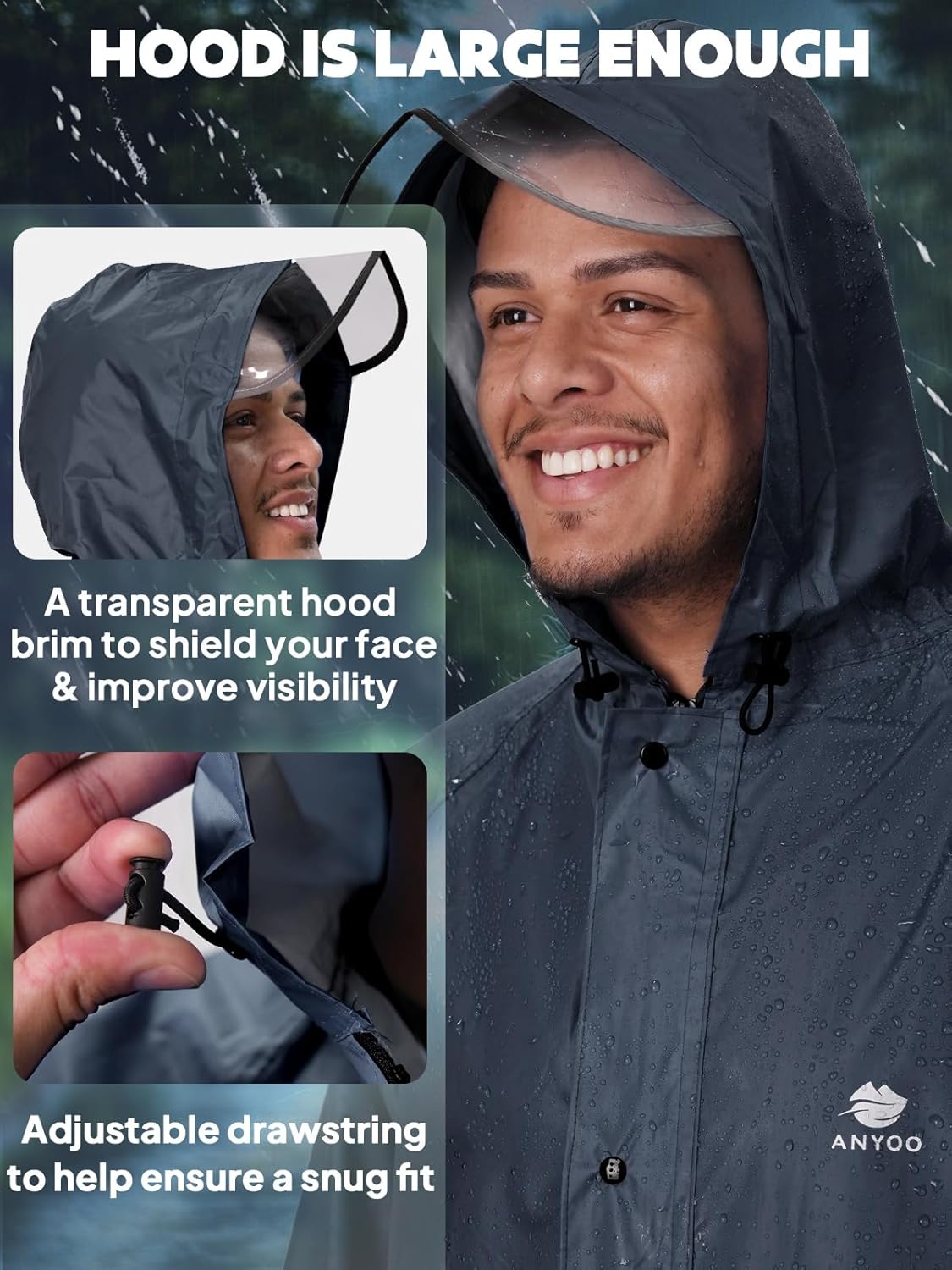 ANYOO Hood Rain Poncho Waterproof Lightweight Raincoat for Men Women Adult with Pocket for Hiking Camping Outdoor Activities