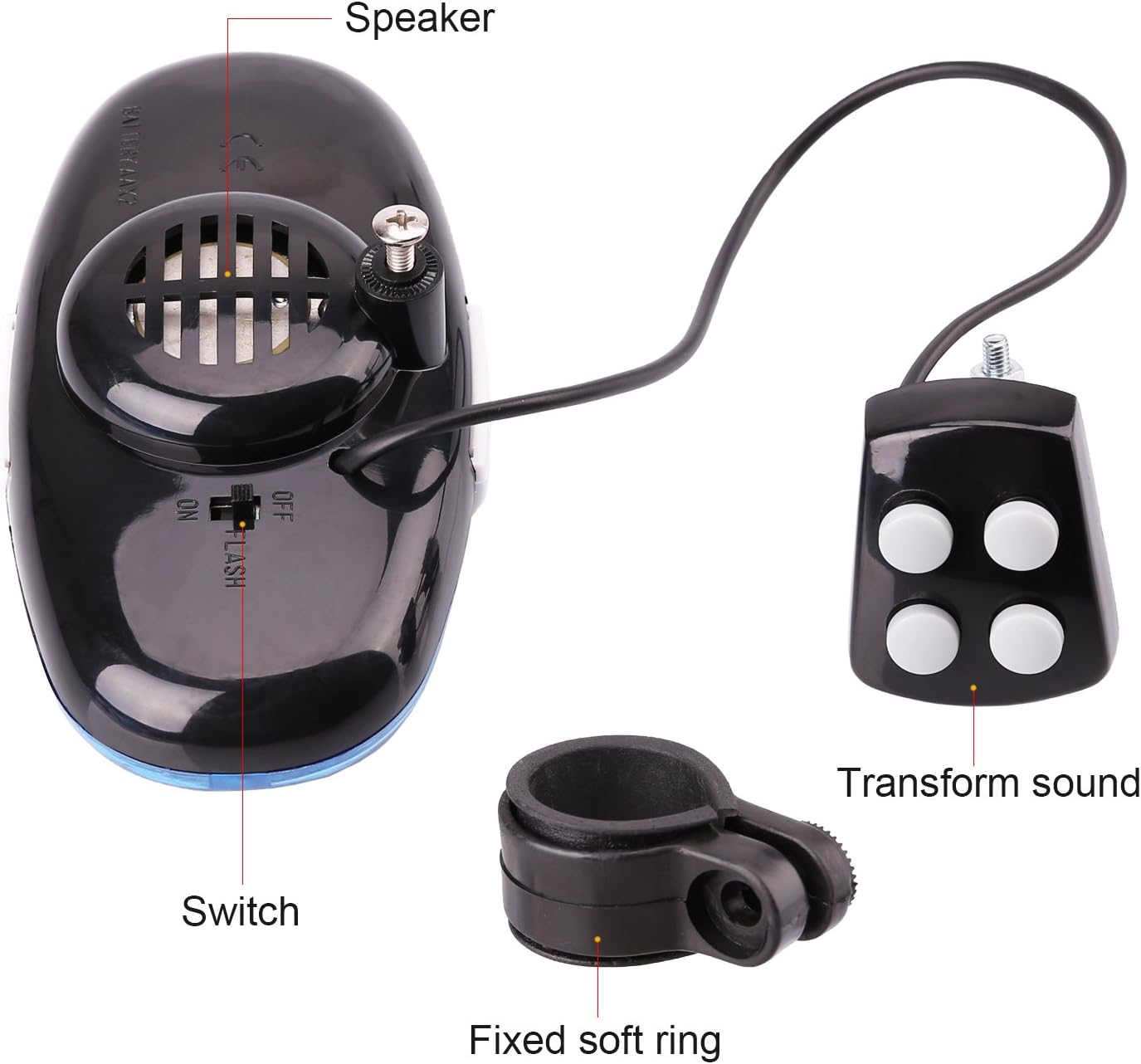 Oumers Bicycle Police Sound & Light, Bike LED Horn Siren, 6 LED Lights, 4 Sounds, Waterproof Accessories