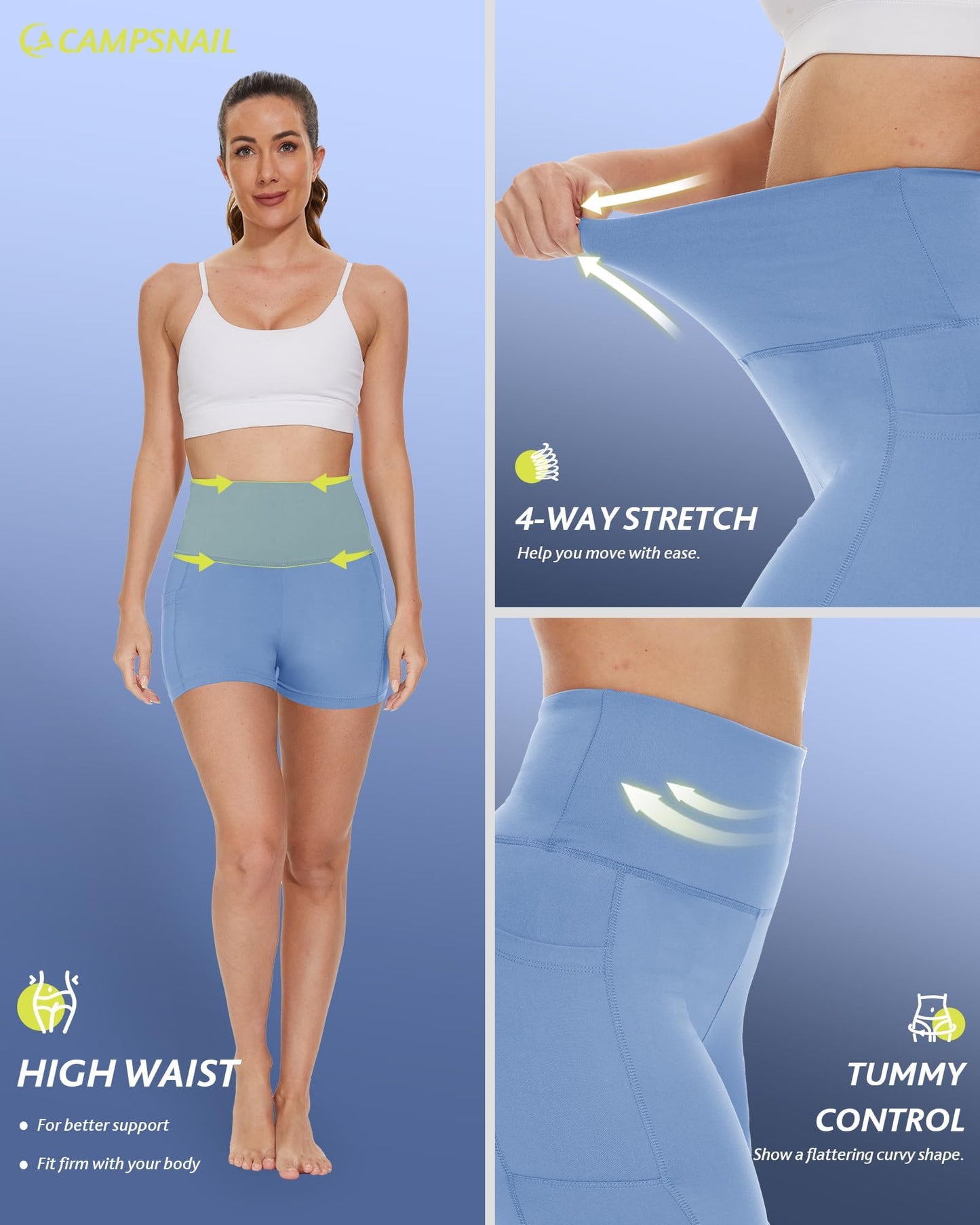 CAMPSNAIL Biker Shorts Women with Pockets - 3"/5"/8" High Waisted Workout Spandex Tummy Control Gym Running Yoga Shorts Light Blue