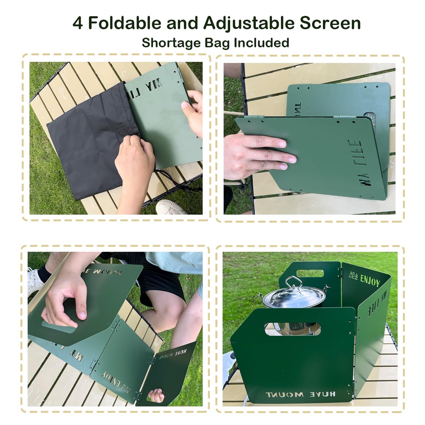 Keopuals Stove Windscreen - Folding Camping Stove Windshield 4 Plates Stainless Steel Stove Windscreen for Outdoor, Picnic, Backpacking and Cooking Green