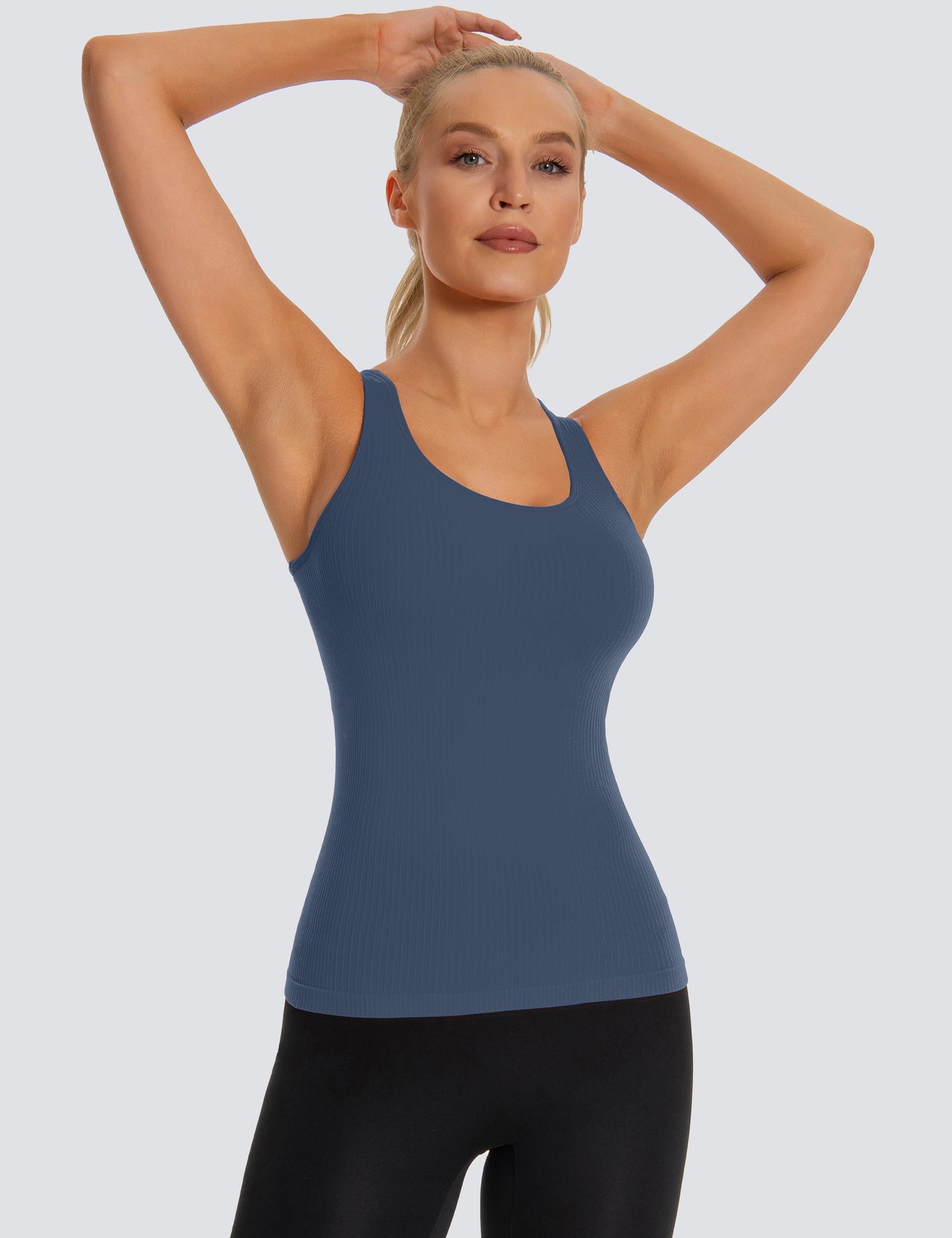 MathCat Seamless Workout Tank Top for Women with Built in Bra, Padded Racerback Ribbed Athletic Yoga Camisole Grey Blue