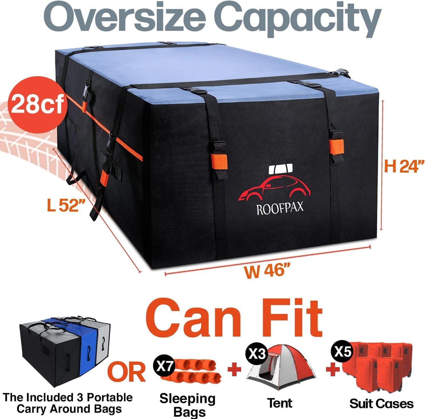 RoofPax Waterproof 19 Cubic Feet Rooftop Cargo Carrier Bag – Heavy Duty Car Roof Storage with Double Zipper & Tie Down Straps – Fits Cars with or Without Roof Rack