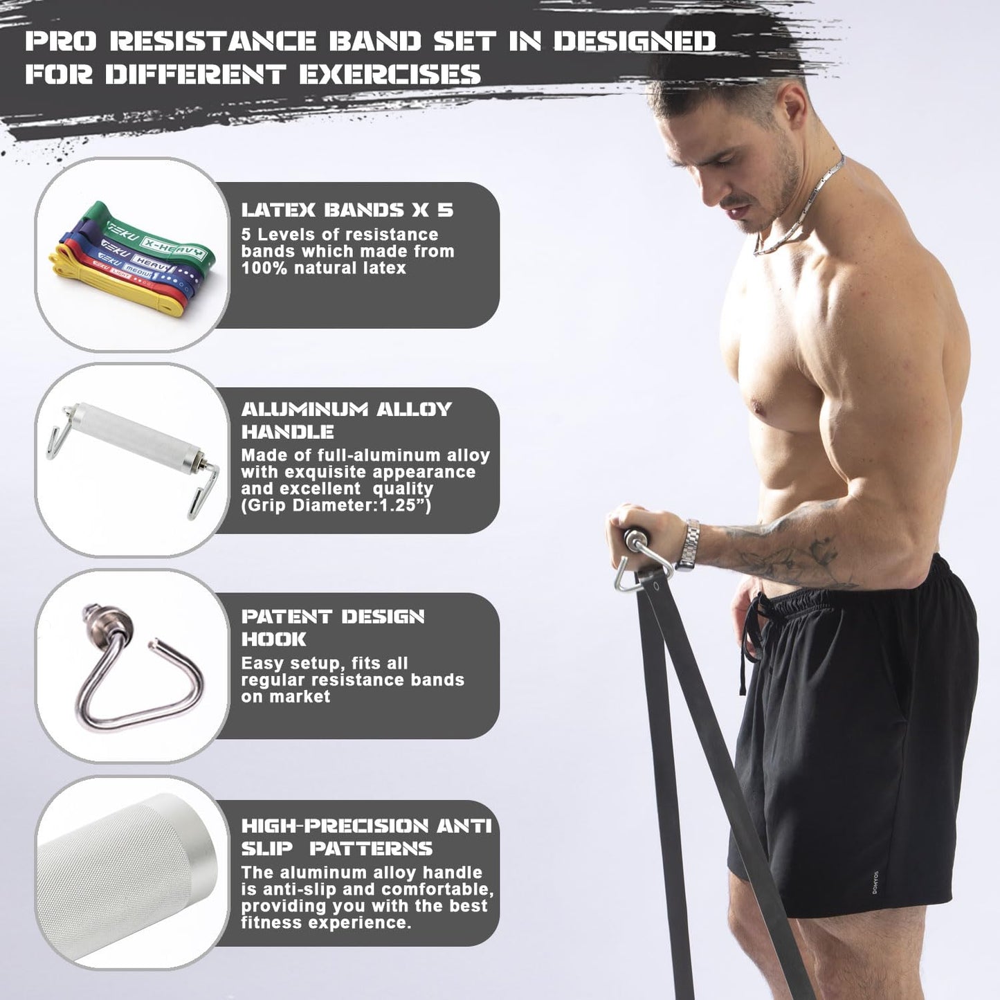 GEKU FIT Resistance Bands with Aluminium Alloy Handle, Set of 5 Natural Latex Exercise Bands for Heavy Duty Workout Stretching Power Lifting with Carrying Bag (5 Bands + Aluminium Alloy Handle)