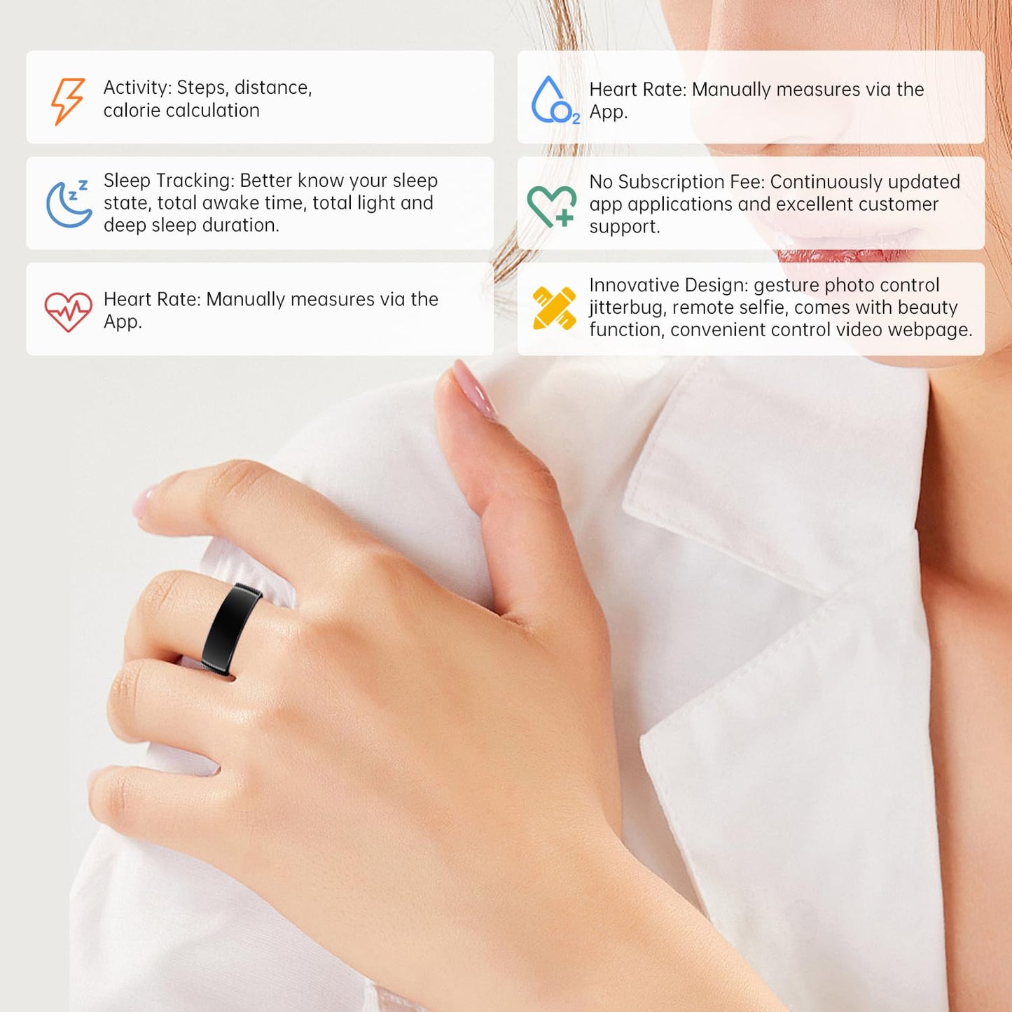 GenXenon Smart Ring -Black-Size 8 Health Tracker with Free Subscription, Gesture Beauty Photo & Brush Video, Fitness Sleep Heart Rate Blood Oxygen Tracking Ring with Charging Case,Gifts for Women Men