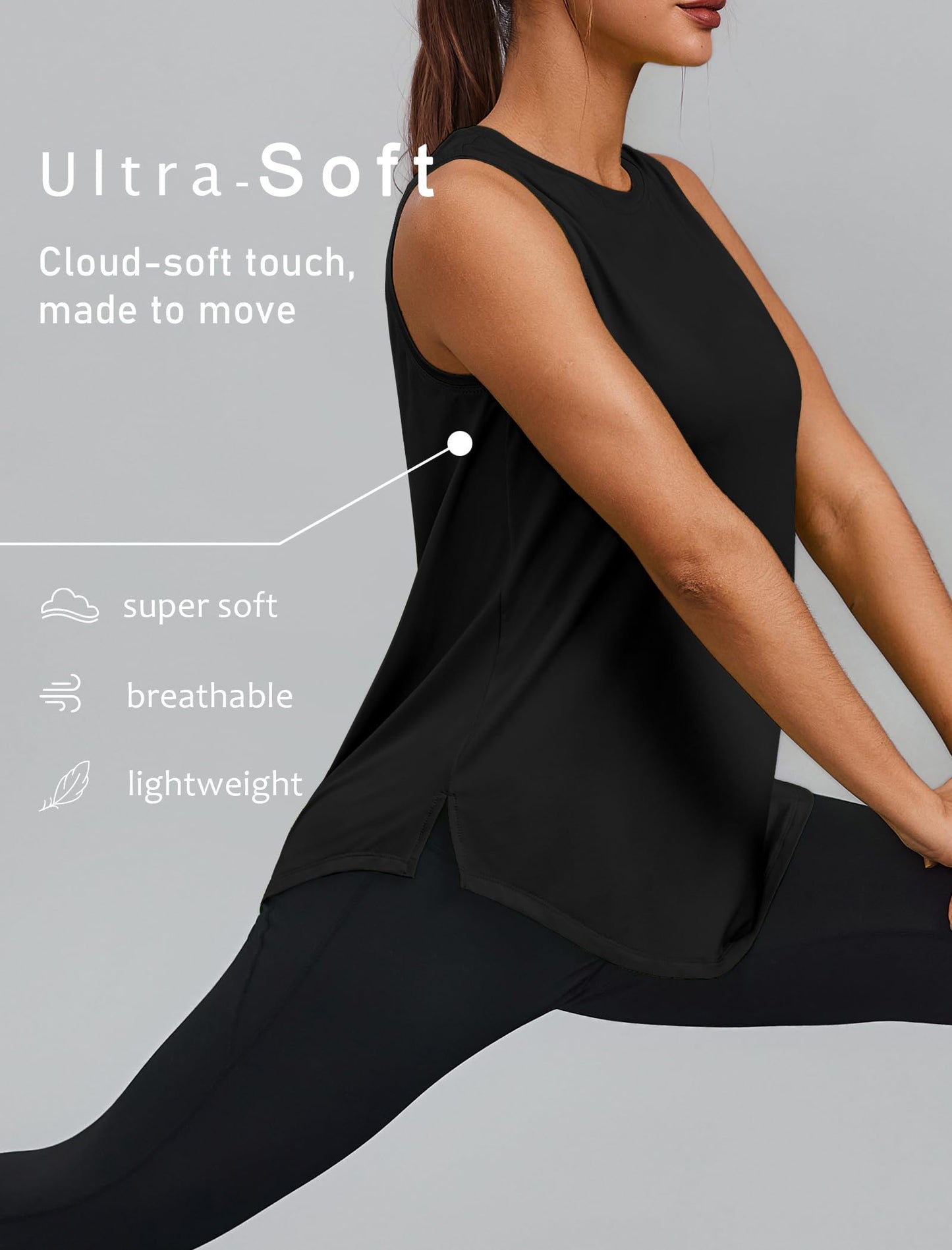 PINSPARK Womens Workout Tank Tops Sun Protection Athletic Tennis Top Crew Neck Running Tops Sleeveless Yoga Muscle Tank Hip Length Gym Shirts Loose Fit, Black XL