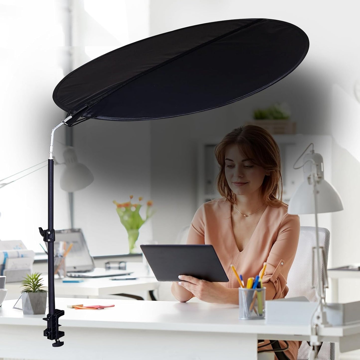 Office Cubicle and Desk Shade - Foldable 36" Circular Shading, Light-proof Desk Canopy，Light Shade with Clamp and Rotatable Rod, Designed for Light Sensitive Workers