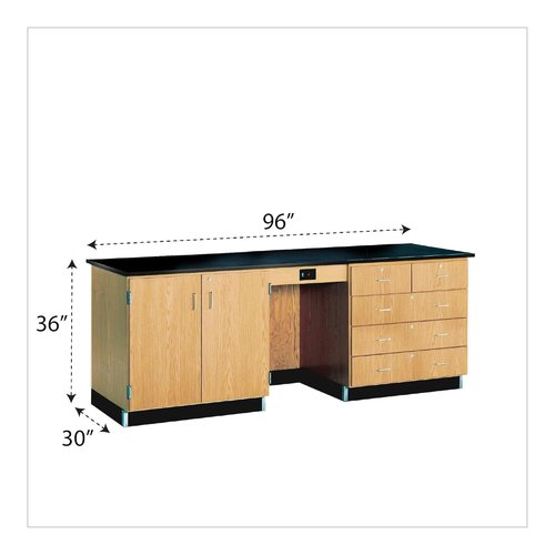 Diversified Spaces Kinetic Classroom Instructor Demo Desk, 96"W x 30"D x 36"H, Epoxy Resin Top, Solid Oak, GFI Outlet, Locking Drawers & Doors, Made in The U.S.A