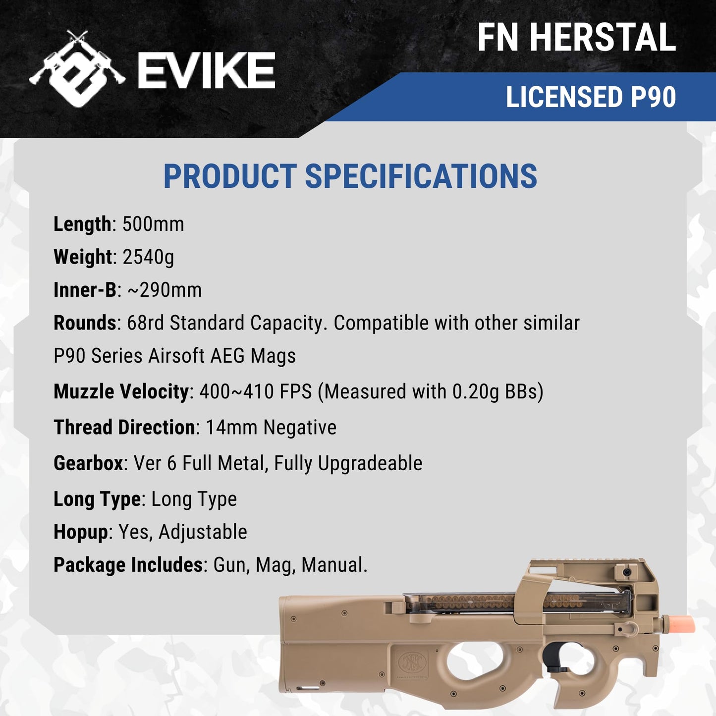 Evike Airsoft - FN Herstal Licensed P90® Full Size Metal Gearbox AEG Airsoft (Color: Dark Earth/Gun Only)