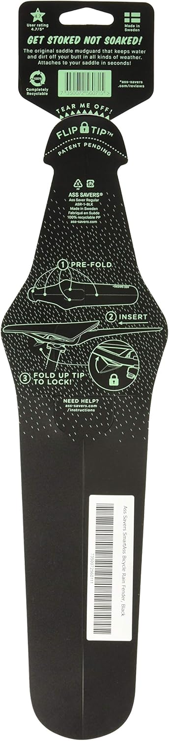 Ass Savers Regular Saddle Mudguard, 23-35 mm Tires, Generation 4, Maximum Protection, Rainy Rides, No Tools Mount, Patented Flip Tip, Lightweight, Stable, Self Centering, Commuter, Road, Black