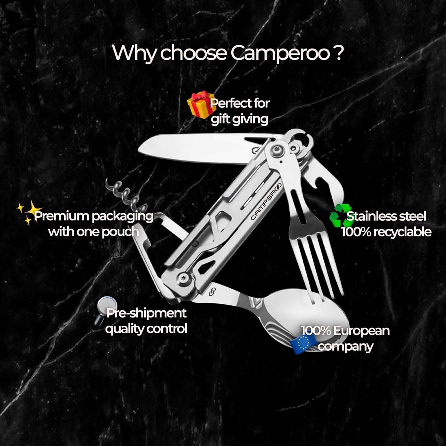 CAMPEROO® CAMPING UTENSILS SET - CAMPING CUTLERY - TRAVEL UTENSILS WITH CASE – 6 in 1 REUSABLE UTENSILS SET : SPOON, FORK, KNIFE, BOTTLE/CAN OPENER, CORKSCREW