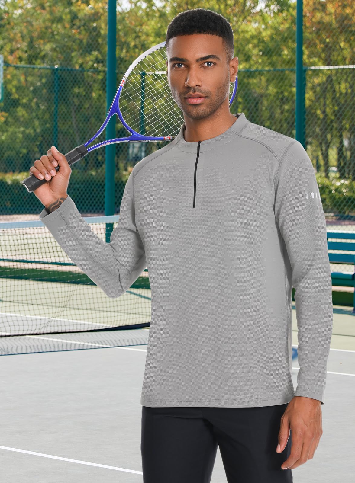 IBIH Men's Workout T-Shirt 1/4 Zip Long Sleeve Athletic Sweater Mock Neck Shirt Elastic Breathable Fabric Medium-Weight,Light Grey,Small