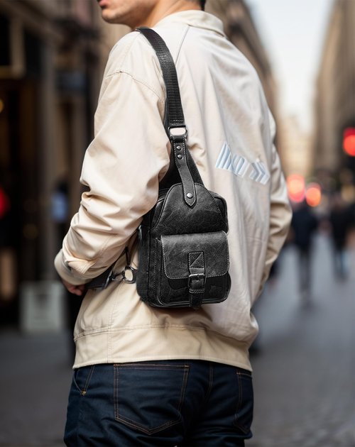 Men's Leather Crossbody Sling Bag - Anti-Theft Multi-pocket Shoulder Bag for Hiking Trave (Black)