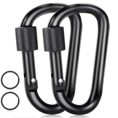 Carabiner Clip, 3" Locking Carabiners, D Ring Shape Caribeaner with Key Rings, Aluminum Carabiner for Keychain Clip, Black, 2 Pack
