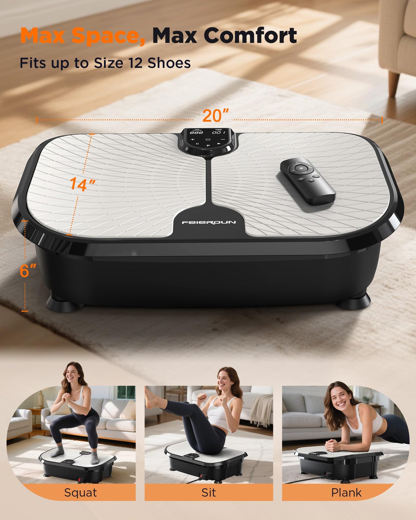 FEIERDUN Vibration Plate Exercise Machine, 400 LBS Capacity Vibration Plate for Lymphatic Drainage, Max Space for Whole-Body Workout & Relaxation at Home-Black