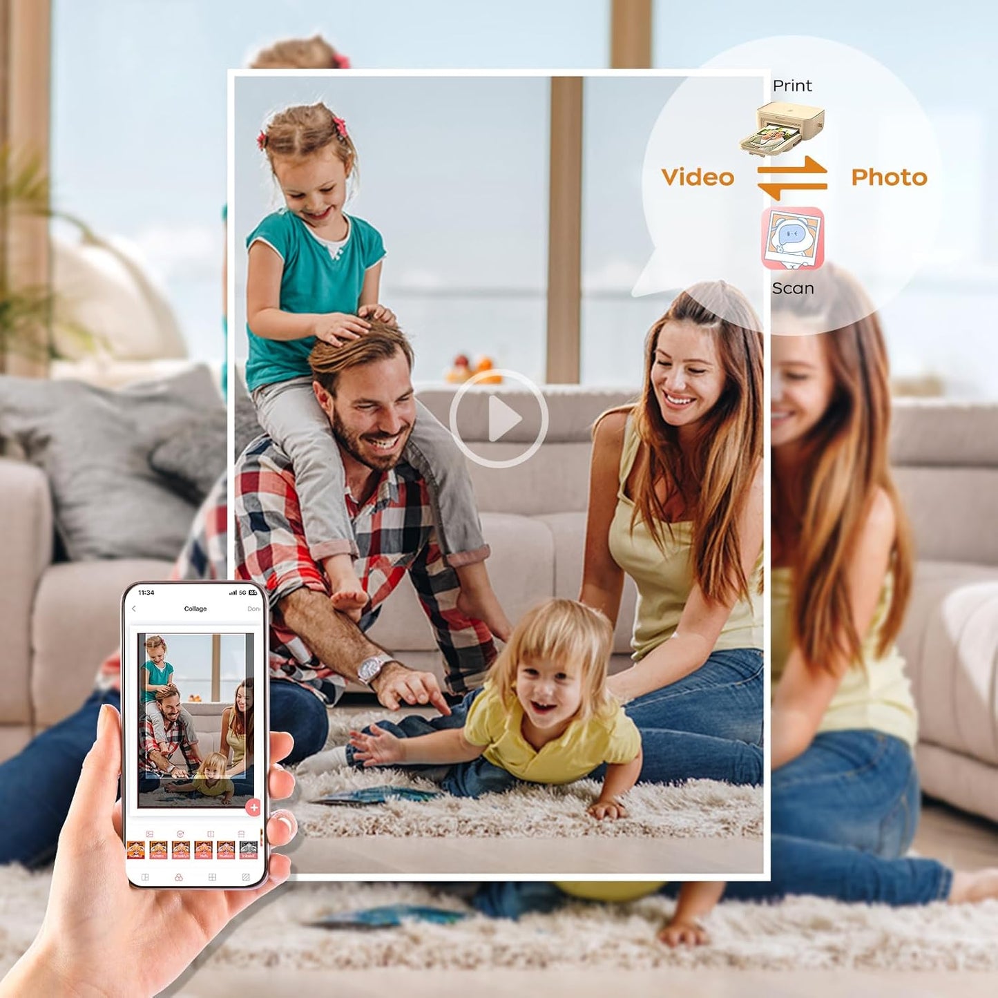 4x6 Photo Printer with 108 Sheets & 2 Ribbons - Dye Sublimation Wireless Portable Photo Printer for iPhone & Android Smartphones, Home & Travel Picture Printing, Ideal Gift, Beige