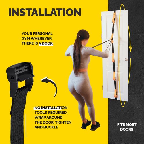 Tribe Lifting Door Anchor for Resistance Bands - Adjustable Resistance Band Door Anchor with 5 Loops & Metal Rings, Durable Nylon Door Strap for Full-Body Workouts (Yellow)