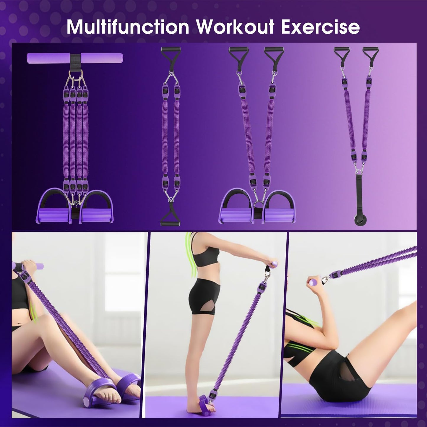 FEFURS 2025 Upgrade Pedal Resistance Band, 4-Tube Elastic Sit Up Pull Rope for Men and Women, Pedal Puller for Strength Training, Foot Resistance Rope for Physical Therapy, with 5Pcs Exercise Bands