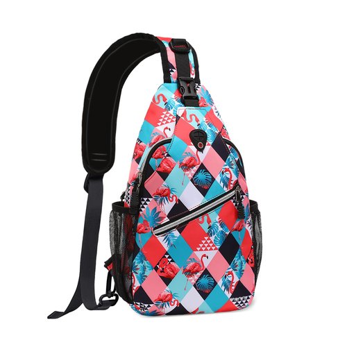 MOSISO Crossbody Sling Backpack, Portable Travel Hiking Daypack Chest Sling Bag Casual Daypack One Strap Chest Backpack for Women Men Outdoor Hiking Travel, Flamingo&Rhombic Grid