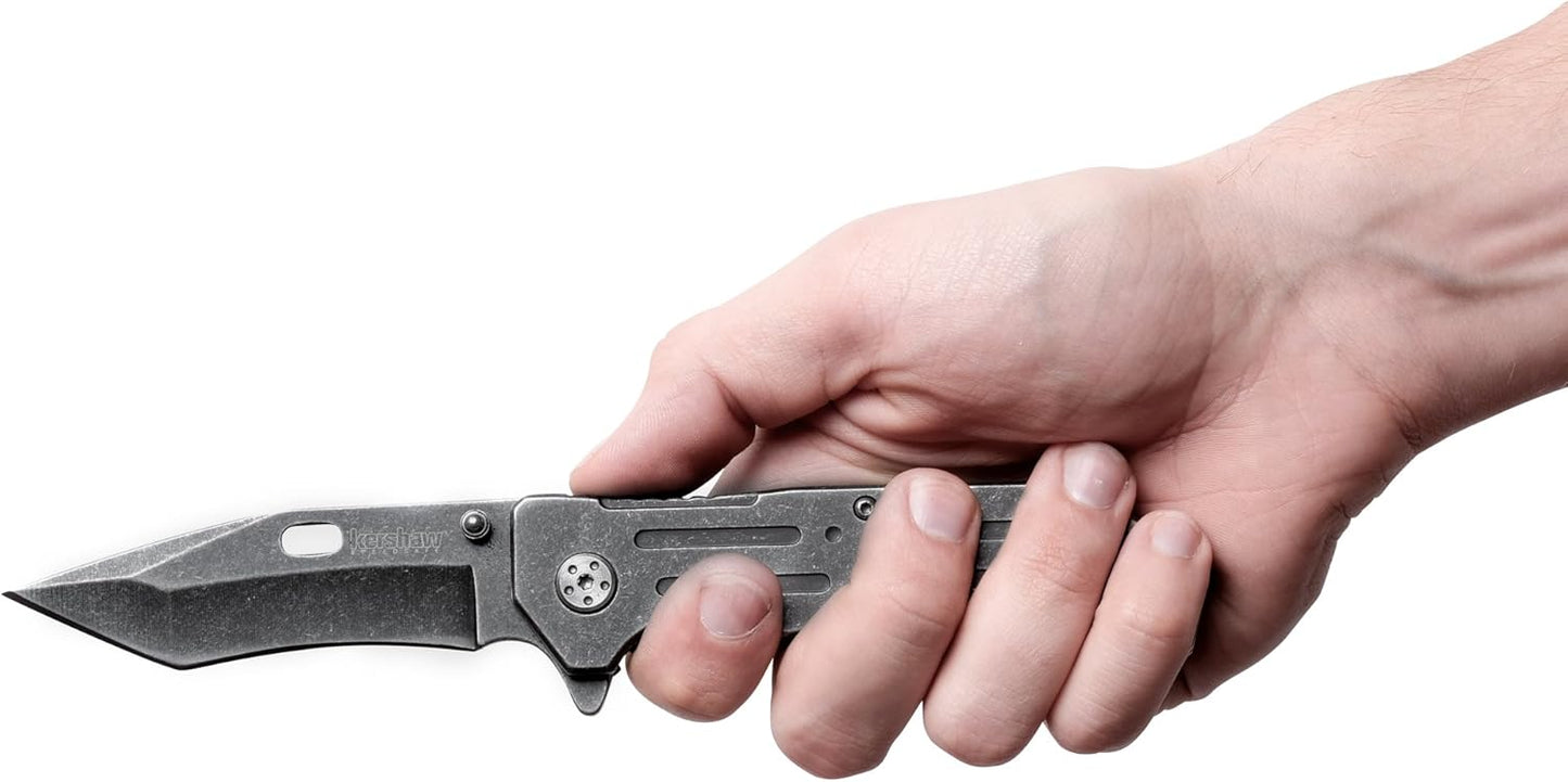 Kershaw Lifter (1302BW); Tactical Tanto Pocket Knife with 3.5 Inch 4Cr14 Steel Blackwashed Blade with Stainless Steel Blackwash Handle, SpeedSafe Assisted Opening and Deep-Carry Pocketclip; 3.2 OZ.
