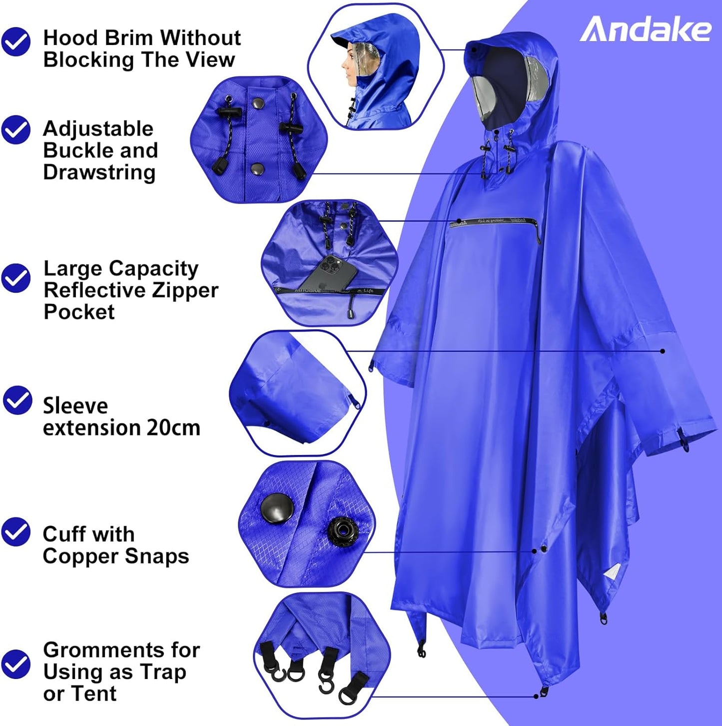 Andake Waterproof Rain Poncho for Adults Unisex,230T Ripstop Polyester,Raincoat Gear with Transparent Viewing Window Outdoors