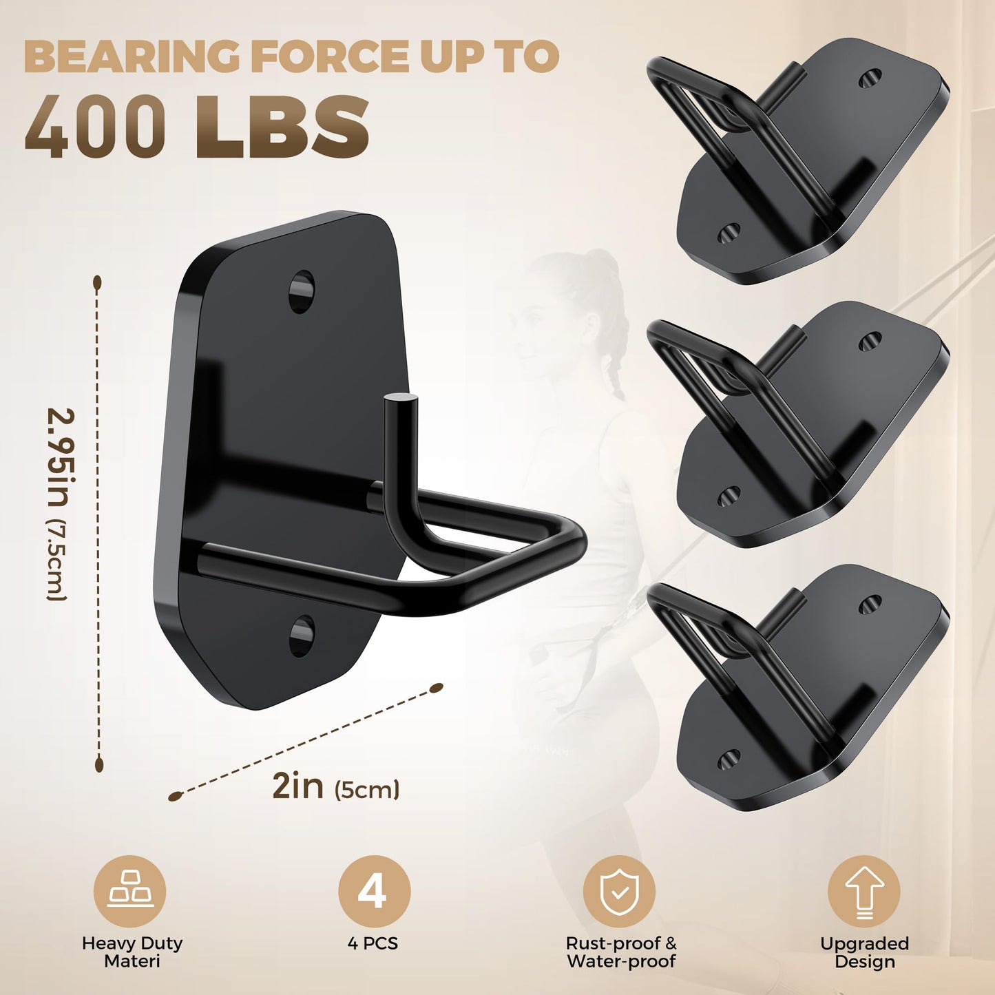 4 Pcs Resistance Band Anchors - Space-Saving Wall Mount Workout Anchors for Exercise Bands - Upgrade Home Gym Wall Hooks for Strength Training, Fitness, Physical Therapy