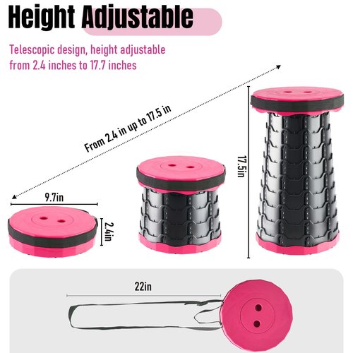 Doseno Upgraded Foldable Stool Thickened, Portable Collapsible Stool Retractable Stool for Fishing, Hiking Tours, BBQ, Parties, Outdoor Activities（Pink）