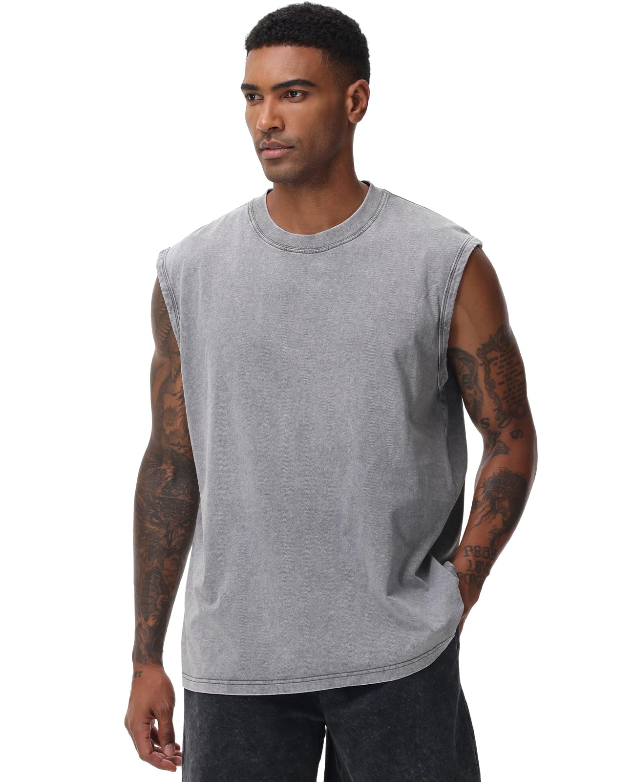 SnowElve 3 Pack Mens Workout Tank Tops Sleeveless Tee Shirts Men Muscle Shirt Gym Acid Wash T Shirts Running Beach Loose Fit Tee(ACGYBK,S)