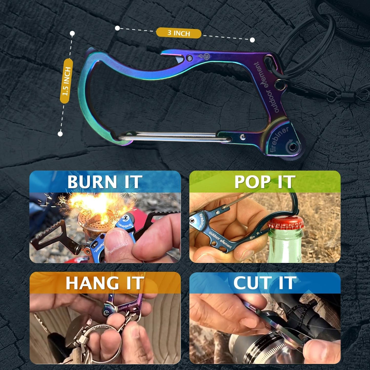 Firebiner 6-in-1 Fire-Starting Carabiner EDC Emergency Multitool -Keychain,Utility Blade,Bottle Opener,& More