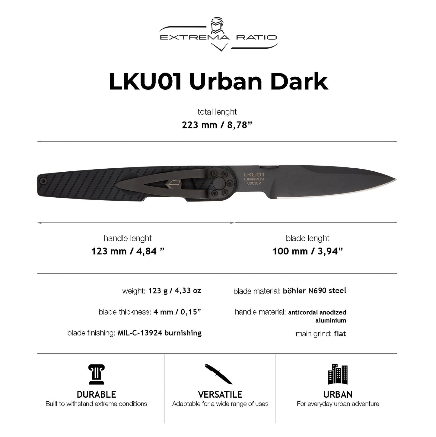 Extrema Ratio - LKU01 (Urban Dark), Böhler N690 Steel Blade 58 HRC, Black Burnished Finish, Smooth Aluminum Handle, Compact Design, Italian Craftsmanship
