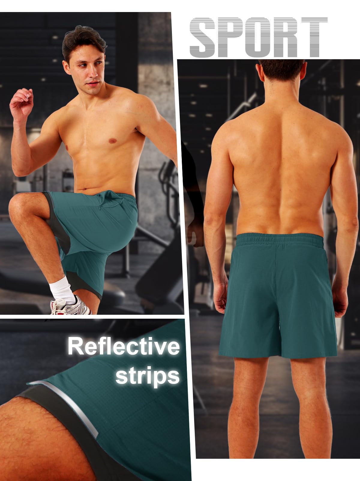 TXJ Sports Men's 2 in 1 Running Shorts 5" Athletic Workout Shorts for Men with Compression Liner Zip Pockets Gym Training Dark Green