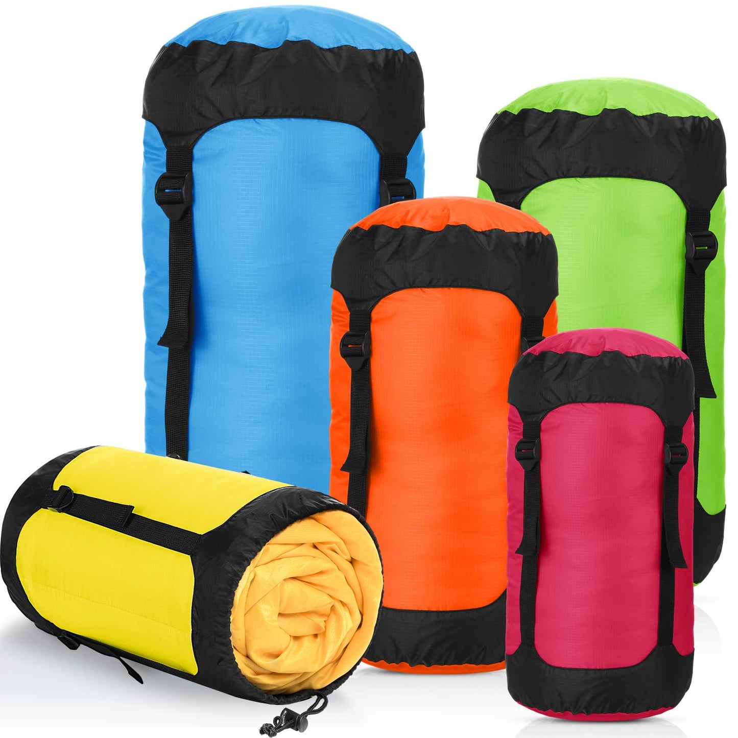 GliCraft 5 Pcs 5L/10L/15L/20L/35L Camping Sleeping Bag Compression Sacks for Backpacking Water Resistant Sleeping Bag Stuff Sack Space Saving Storage Sack for Hiking Gear(Bright Colors)