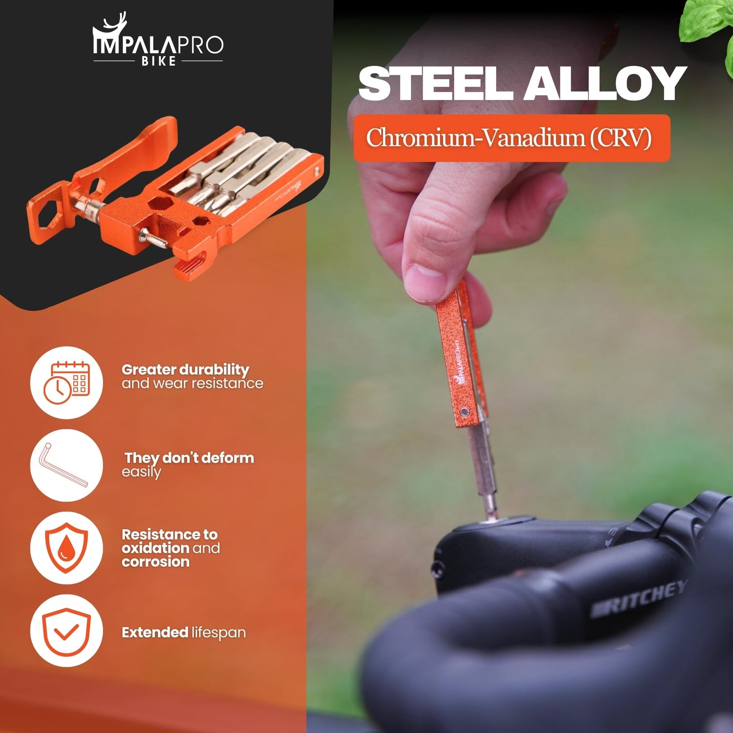IMPALAPRO Bike Tool Kit Portable 20 in 1 Compact and Lightweight (117.5g) Chrome-Vanadium (CRV) - Bike Multitool with Chain Breaker - MTB Multitool - Bike Repair Tools (Orange)
