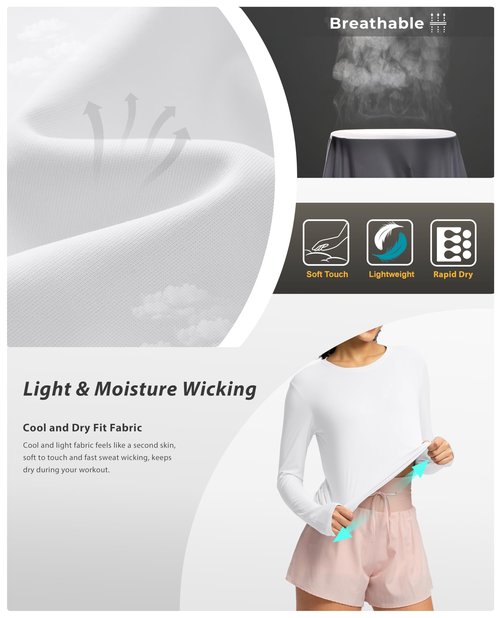 Soothfeel Women's Long Sleeve Workout Tops Moisture Wicking Running Athletic Activewear UPF Sun Shirts Lightweight Soft Tee Shirts White M