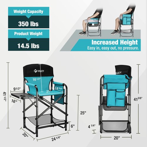 VILLEY Portable Camping Table with Adjustable Legs and Tall Directors Chair, Folding Camping Chairs
