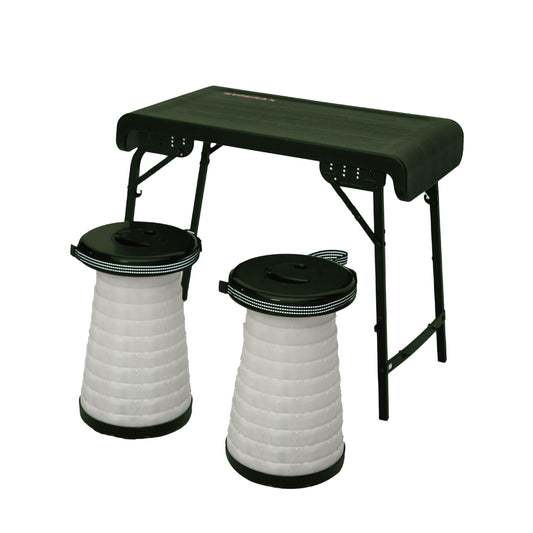 HYPERAX Camping Table & Collapsible Stool Set – Folding Table with 2 Portable Stools for Outdoor Cooking, Camping, Picnics, Beach, Boating, and Travel(Green)