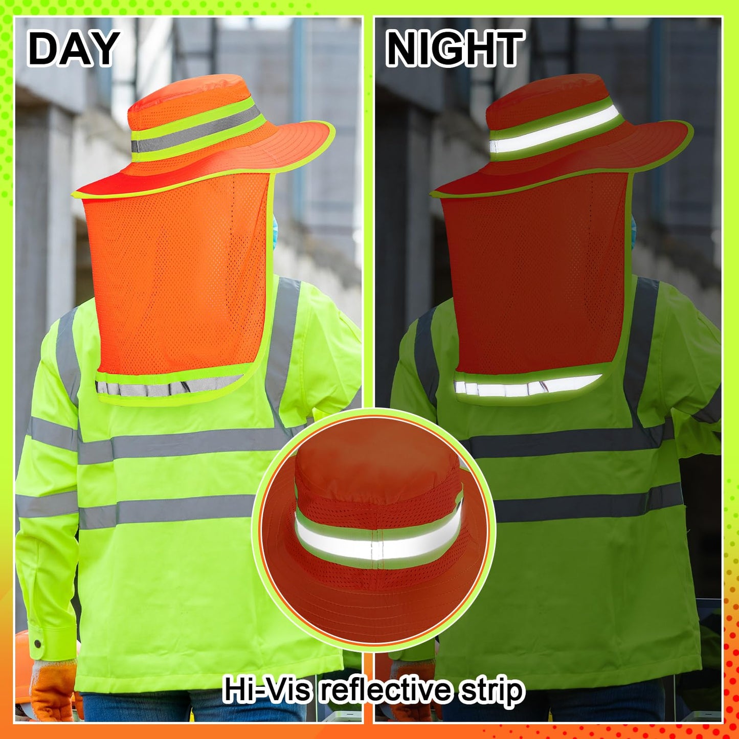 Jexine 10 Pcs High Visibility Reflective Hat with Neck Flap Safety Sun Hat for Men Bucket Cap Boonie Hats Bulk(Yellow, Orange)