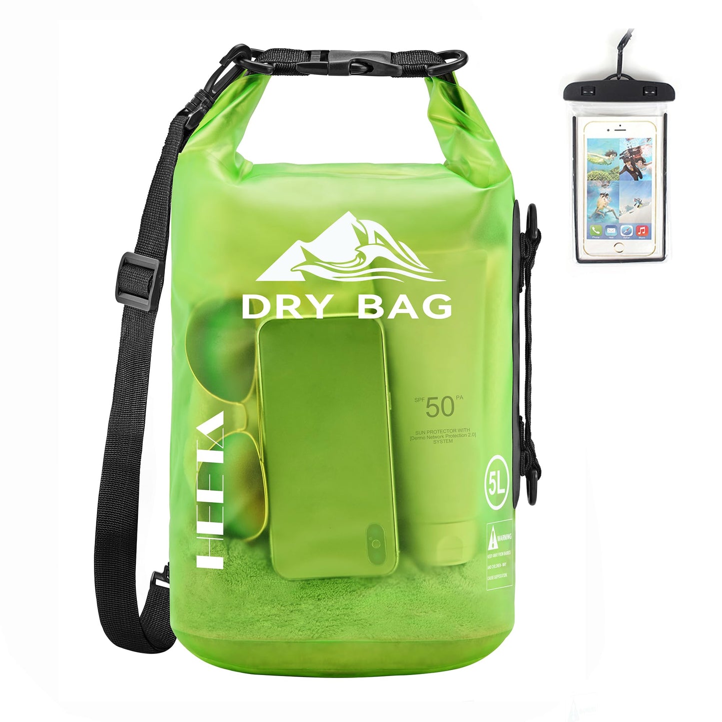 HEETA Dry Bag Waterproof for Women Men, Roll Top Lightweight Dry Storage Bag Backpack with Phone Case for Travel Swimming Boating Kayaking Paddle Board Camping Beach Accessories (Lemon Green, 5L)