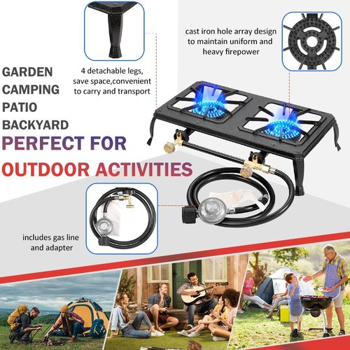 Vivicreate Cast Iron Propane Gas Stove Double Burner Heavy Duty Portable Removable Outdoor Cooker 200LB Support High Heat for Camping BBQ Fogon de Gas Estufa de Gas Portatil Parrillas de Gas