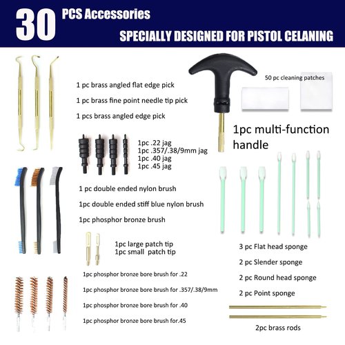 CREVIV Universal Handgun Cleaning kit for .22/9mm/.357/.38/.40/.45,Pistol Cleaning Kits with Brass Pick/Cleaning Sponge/Cleaning Brush. 30 in 1 Gun Cleaning Kit.