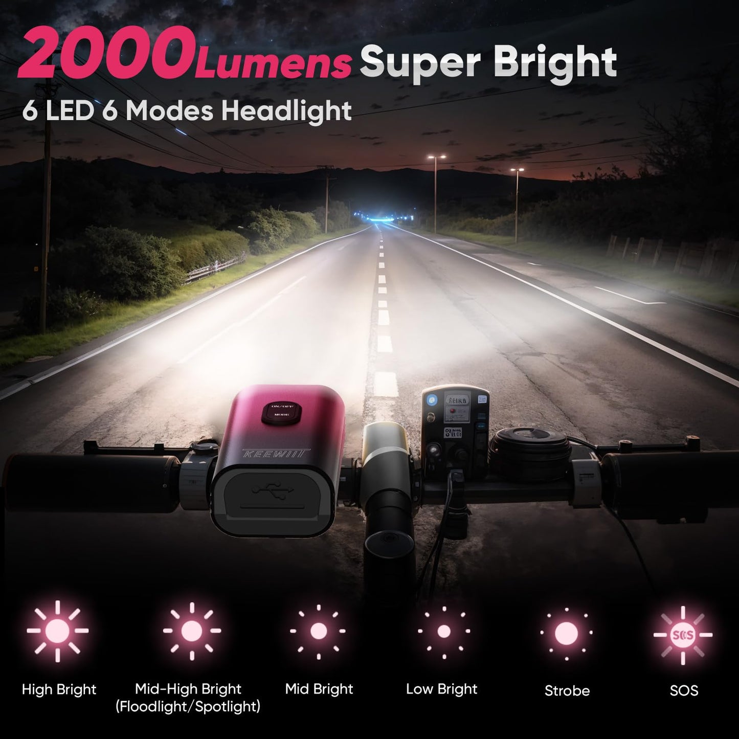 KEEWIIT KW61 6 LED 2000 Lumen Super Bright Bike Light,10000mAh Rechargeable Battery, IPX6 Waterproof, CNC Aluminum Alloy, USB Rechargeable, 6 Modes Bicycle Light for Night Riding (Red Gradient)