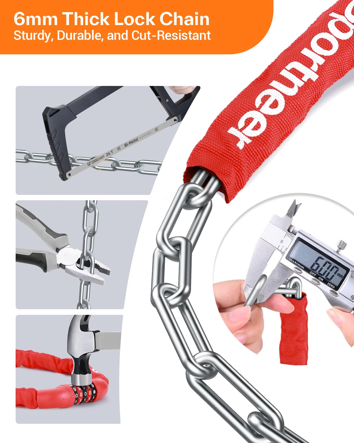 Sportneer Bike Lock: 5 Digit Combination High Security Anti Theft Bike Chain Lock - 3.2/3.6/4ft Heavy Duty Resettable Keyless Bicycle Lock for Bike, Motorcycle, Scooter, Door - 6mm Thick Red