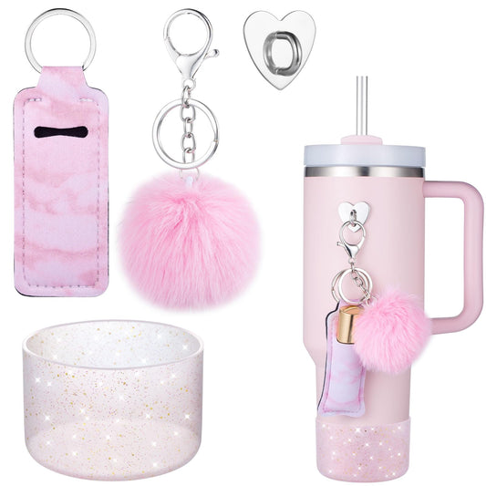 FXTBE Silicone Boot for Stanley Cup 40 OZ, Glitter Boots for Stanley Quencher 30 20 OZ, Bottom Cover for Hydroflask 40-12 OZ, Pom Keychain, Lipsticker Holder for Stanley Cup Accessories